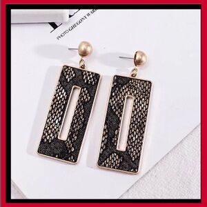 BRONZE GLAM STATEMENT BLACK PYTHON RECTANGLE 80s RETRO GEOMETRIC RETRO EARRINGS